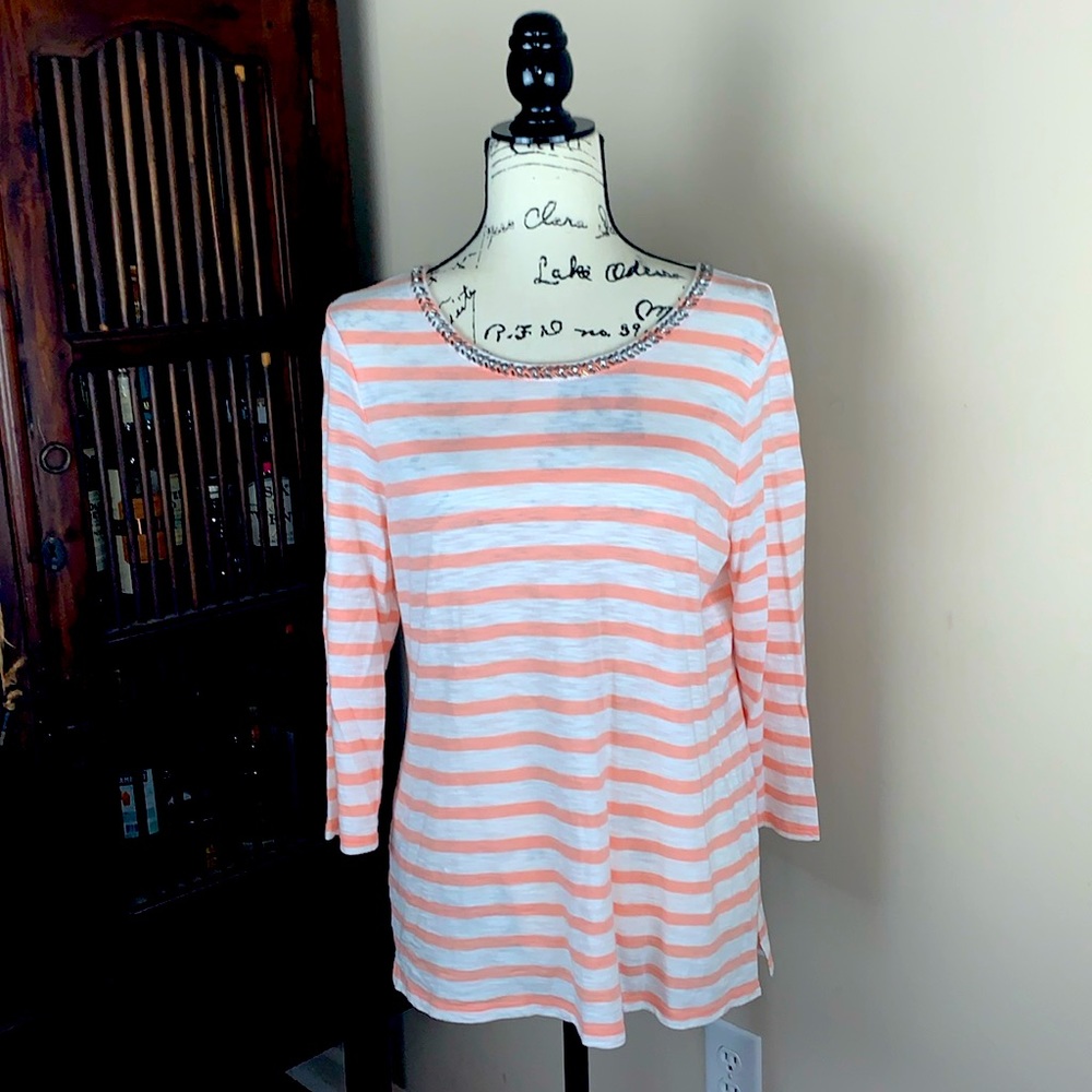 Chico's Striped Embellished-Neckline Cotton Blend Top
